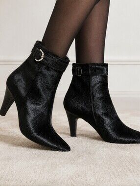 Nalini Made in Italy Black Calf Hair Leather Ankle Boots Women's  with Buckle